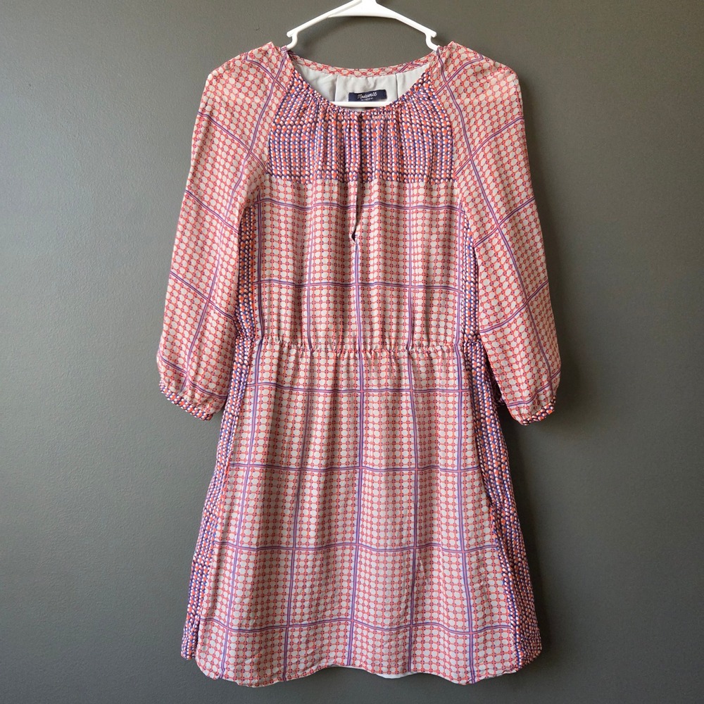 Madewell 100% Silk Geometric Print Dress 3/4 Sleeve Elastic‎ Waist Red Gray 0